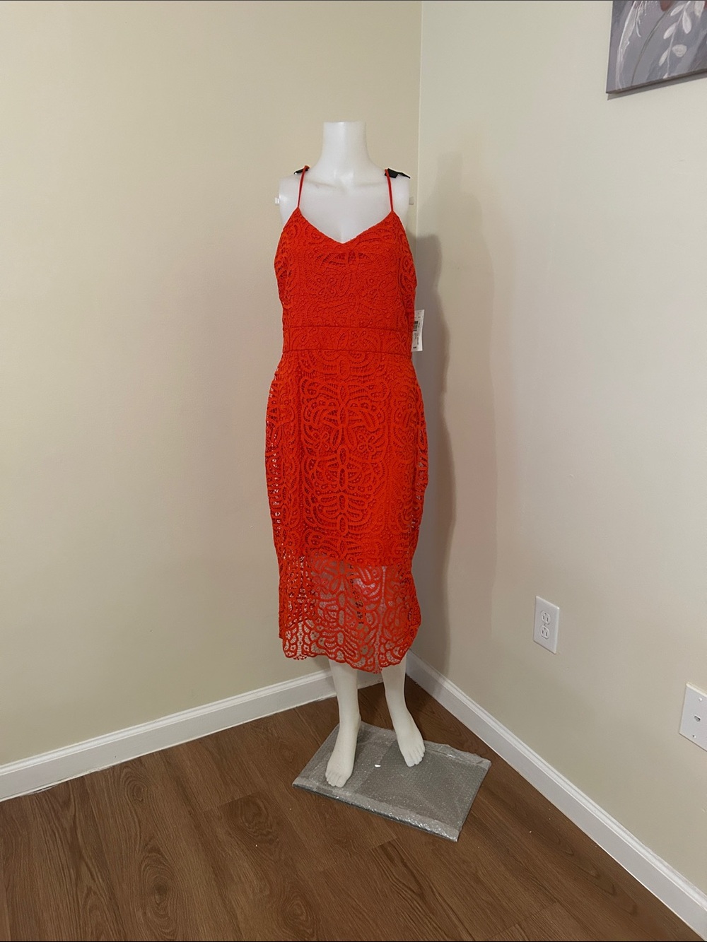 Bisou Bisou Red Lace Midi Dress with Spaghetti Straps